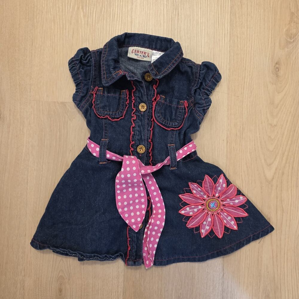 Vintage Carter's‎ Girls Denim Pink Polka Dot Belt Girly Cute Flower Dress Sz 12M